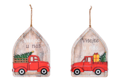 Závěs auto se stromkem XMAS TRUCK, dřevo, červ./béžová/zel., 19x26x1,5cm, 2T  (EFS-411142)