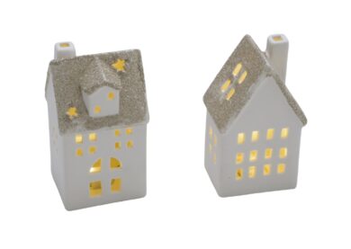 Domek keramický, LED, bílá/zlatá, 7,5x6,5x13, 2  (ZGE-22103500)